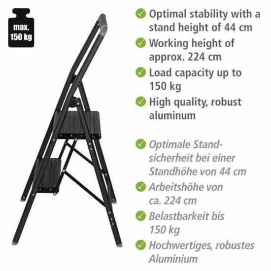 Wenko Alu-Klapptrittleiter Compact 2-stufig Schwarz 5 Wenko Alu-Klapptrittleiter Compact 2-stufig Schwarz – Bild 3
