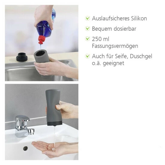 WENKO Spülmittelspender Easy Squeez-e, Grau, 250 Ml Dosierer, Nachfüllbar, Spülmaschinengeeignet | Inkl. 2er Set Reinigungsschwämme Gratis 4 WENKO Spülmittelspender Easy Squeez-e, Grau, 250 Ml Dosierer, Nachfüllbar, Spülmaschinengeeignet | Inkl. 2er Set Reinigungsschwämme Gratis – Bild 2
