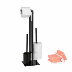 WENKO WC-Garnitur Rivalta Schwarz Matt / Glas Schwarz, Mit Toilettenbürste Und Integriertem Toilettenpapierhalter, 23 X 70 X 18 Cm | Inkl. 2er Set Reinigungsschwämme Gratis