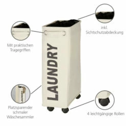 WENKO Wäschesammler Corno, Beige, Mit Vier Leichtgängigen Rollen, Mit Deckel, 43 L, Mit Herausnehmbarem Wäschesack, 18,5 X 60 X 40 Cm | Inkl. 2er Set Reinigungsschwämme Gratis