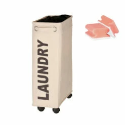 WENKO Wäschesammler Corno, Beige, Mit Vier Leichtgängigen Rollen, Mit Deckel, 43 L, Mit Herausnehmbarem Wäschesack, 18,5 X 60 X 40 Cm | Inkl. 2er Set Reinigungsschwämme Gratis -Günstiges Wenko Geschäft unnamed file 23487