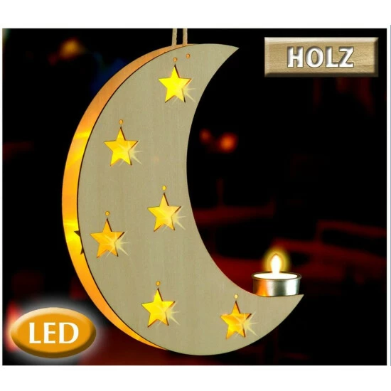 WENKO LED Mond Gelbe LED Lämpchen Holz Batteriebetrieben Leuchtender Akzent 5 WENKO LED Mond Gelbe LED Lämpchen Holz Batteriebetrieben Leuchtender Akzent – Bild 3