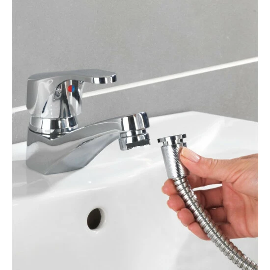 WENKO Waschbeckendusche, Rostfreier Edelstahl & Kunststoff, Silber Glänzend, 170 X 3,5 X 6,5 Cm | Praktischer Duschkopf Mit Duschschlauch Und Adapter Für Das Waschbecken, Verlängerung Für Den Wasserhahn | Inkl. 2er Set Reinigungsschwämme Gratis 8 WENKO Waschbeckendusche, Rostfreier Edelstahl & Kunststoff, Silber Glänzend, 170 X 3,5 X 6,5 Cm | Praktischer Duschkopf Mit Duschschlauch Und Adapter Für Das Waschbecken, Verlängerung Für Den Wasserhahn | Inkl. 2er Set Reinigungsschwämme Gratis – Bild 6