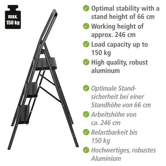 Wenko Alu-Klapptrittleiter Compact 3-stufig Schwarz 5 Wenko Alu-Klapptrittleiter Compact 3-stufig Schwarz – Bild 3