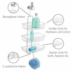 WENKO Duschregal Nivala, 3 Duschablagen, 22 X 15 X 50 Cm, Verchromt, Hängekorb Ohne Bohren | Inkl. 2er Set Reinigungsschwämme Gratis