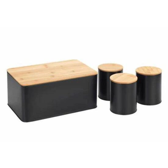 WENKO Brotkasten Set Mit 3 Vorratsdosen, Schwarz - Deckel Aus Bambus - 4-teiliges Vorratsset 3 WENKO Brotkasten Set Mit 3 Vorratsdosen, Schwarz - Deckel Aus Bambus - 4-teiliges Vorratsset